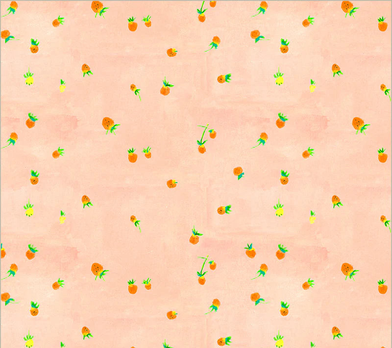 Quilting-Stoff mit Walderdbeer-Muster auf pfirsichfarbenem Hintergrund, Heather Ross By Hand Kollektion für Windham Fabrics
