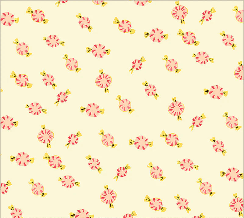 Quilting-Stoff mit rosa-weißen Bonbon-Motiven auf cremefarbenem Hintergrund, Heather Ross Studio Edit Kollektion für Windham Fabrics