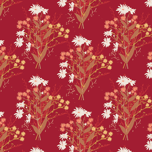 Summer's Bounty aus der Kollektion Summer Homestead von Art Gallery Fabrics: weisse Bluetenstraeusse mit olivgruenem Laub auf tiefrotem Grund