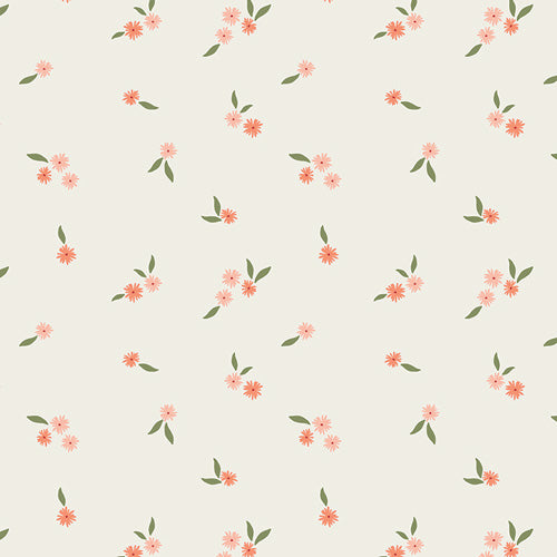 Wildflower Sprinkle aus der Kollektion Summer Homestead von Art Gallery Fabrics: kleine korallenfarbene Streubluemchen mit gruenen Blaettern auf Creme